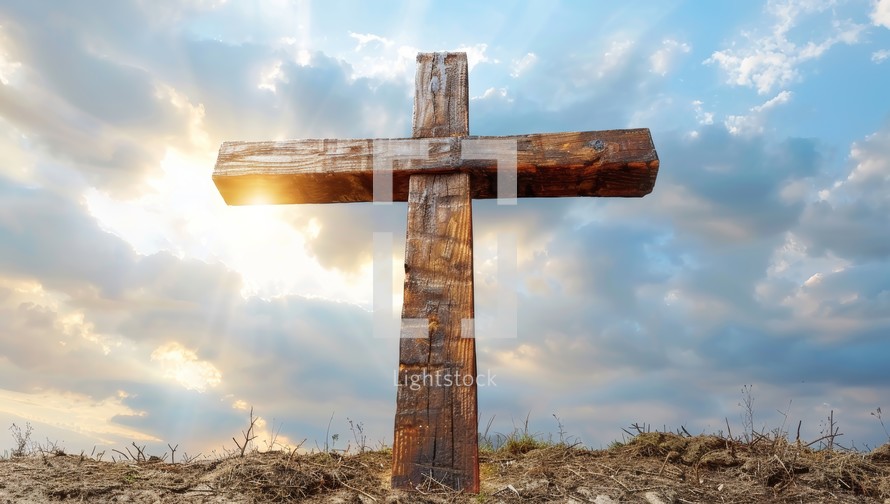 Wooden cross on sky background. Christian symbols. 