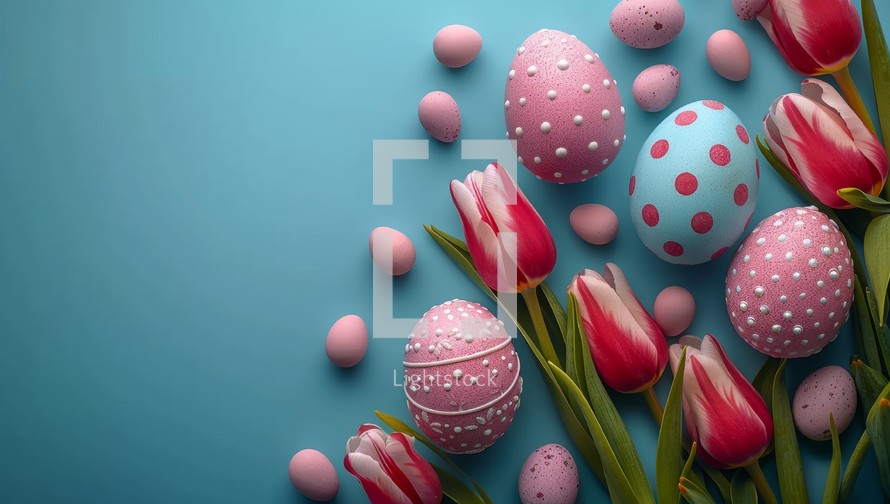 Colorful easter eggs and tulips on blue background with copy space
