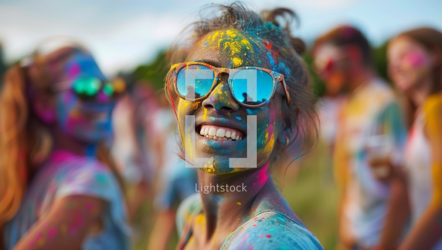 Happy young woman with color powder on her face at holi festival