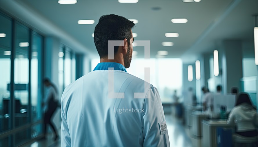 Rear view of a young male doctor standing in corridor at hospital