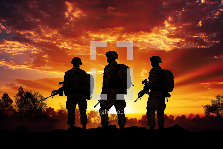 Silhouette of soldiers on a sunset background. Concept of war.