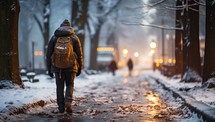 Man with a backpack walking on the street in winter.