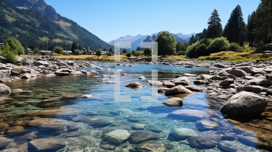 Mountain river with clear blue water and mountains in the background.