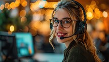 Portrait of young woman with headset at workplace in call center