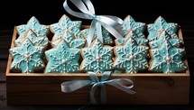 Christmas cookies in a wooden box on a dark background. Toned.
