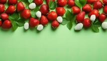 Fresh strawberries with leaves on green background, top view. Space for text