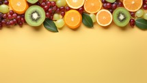 Flat lay composition with fresh fruits and space for text on color background