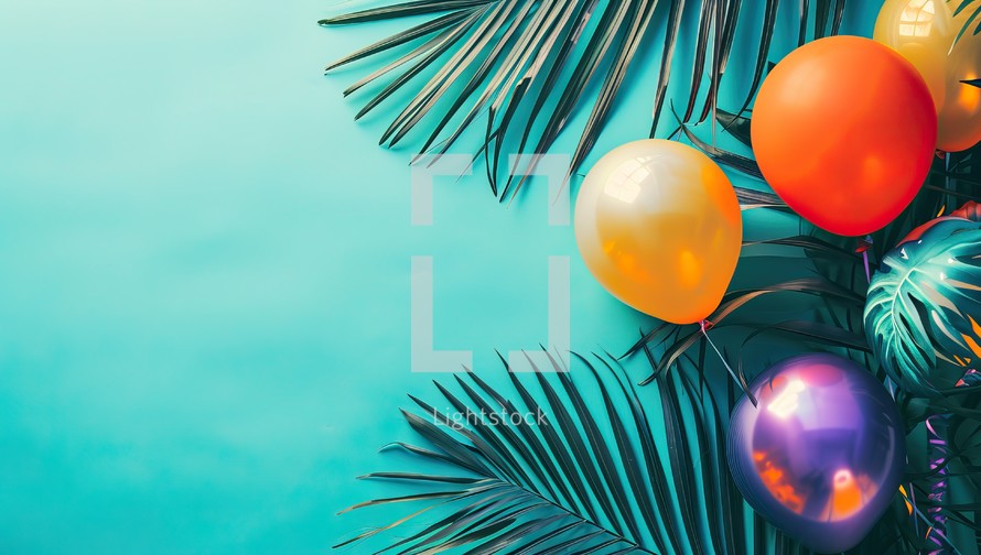 Tropical palm leaves and balloons on turquoise background with copy space