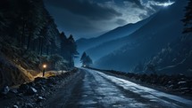Road in the mountains at night with a lantern in the foreground.