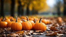 Pumpkins on the ground in the autumn park. Autumn background