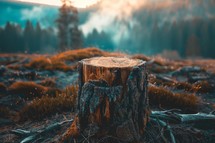 Serene Mountain Stump Landscape, Tranquil Nature Scene with Weathered Tree Stump Overlooking Misty Forest and Peaks