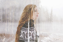 double exposure of girl and winter forest