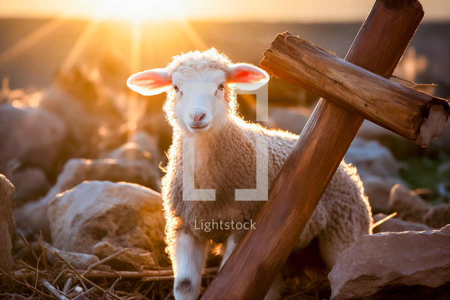 A lamb standing beside the empty cross on Easter morning at sunrise