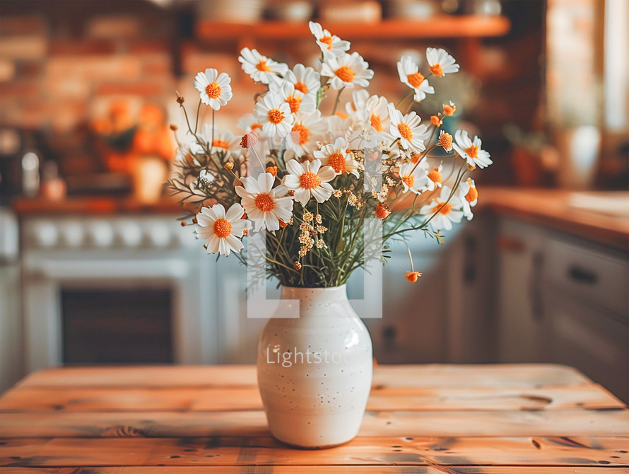 Flowers in a vase in a rustic kitchen