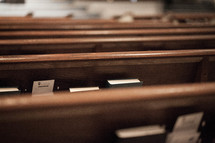 Back of rows of church pews with Bibles and hymnals.