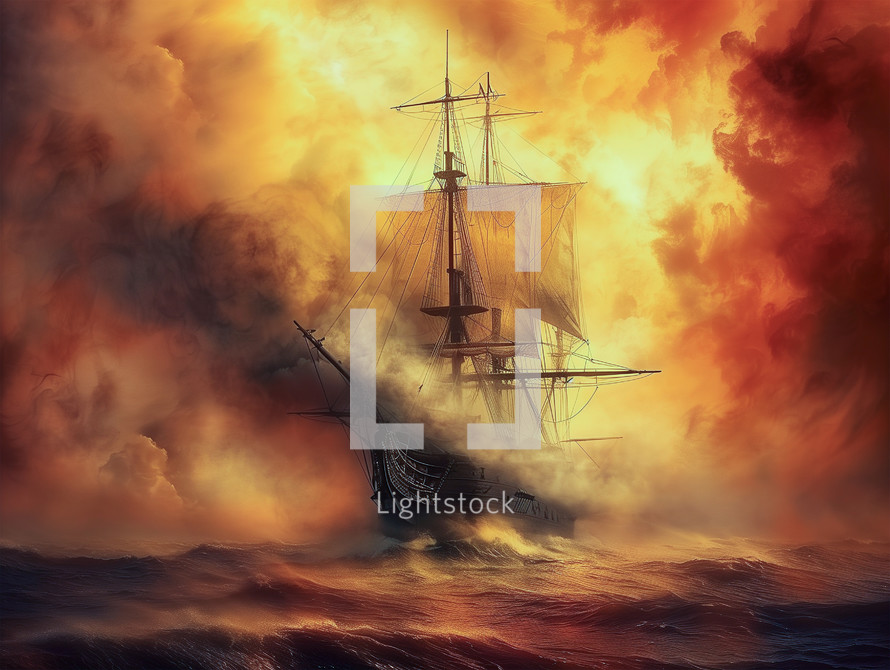 Ship sailing through firelight clouds