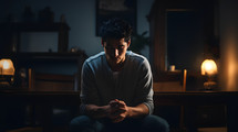 A young man in a dark room praying