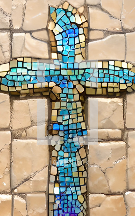 stone mosaic cross - blue and beige / tan / light brown