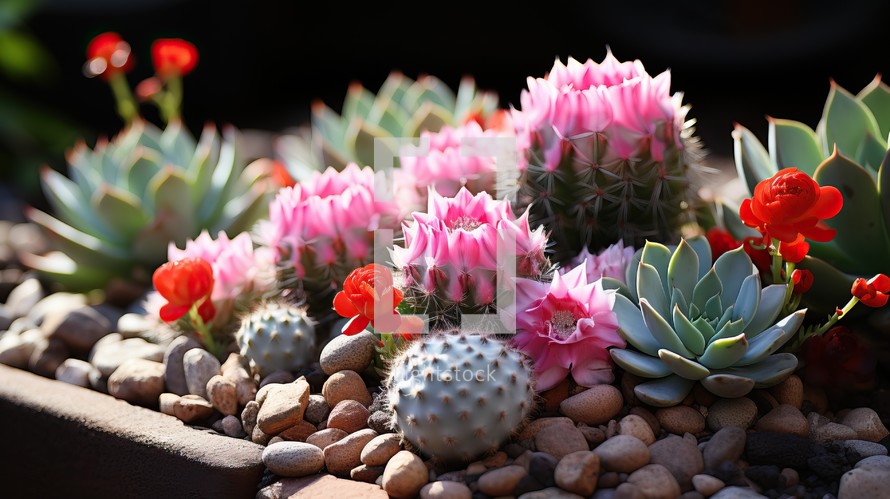 Pink blooming cactus and succulent plants in pot.  Variety of cactus with small, red flowers growing in a stone filled pot. Concept of garden, house plant, decoration, and natural beauty. 