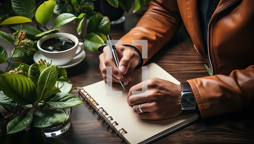 man writing in notebook while sitting at wooden table