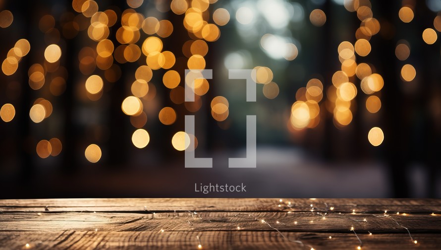Wooden table in front of blurred christmas tree with bokeh lights