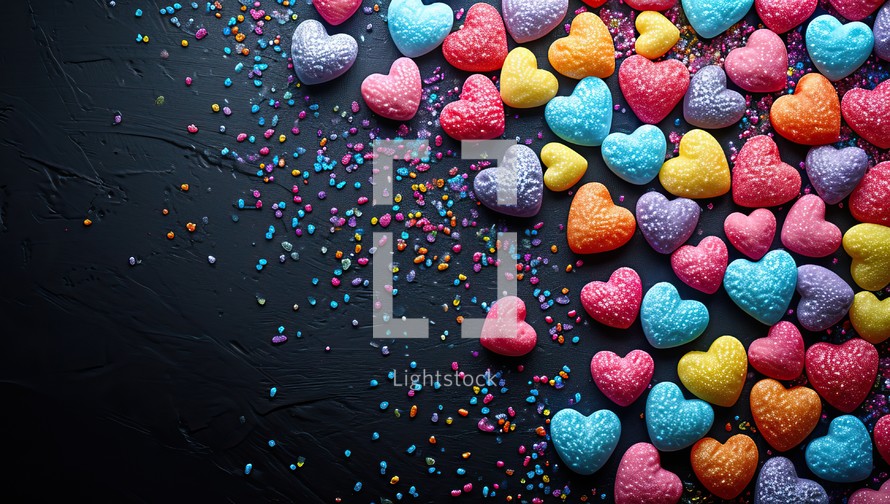 Colorful heart shaped sugar candies on black background with copy space