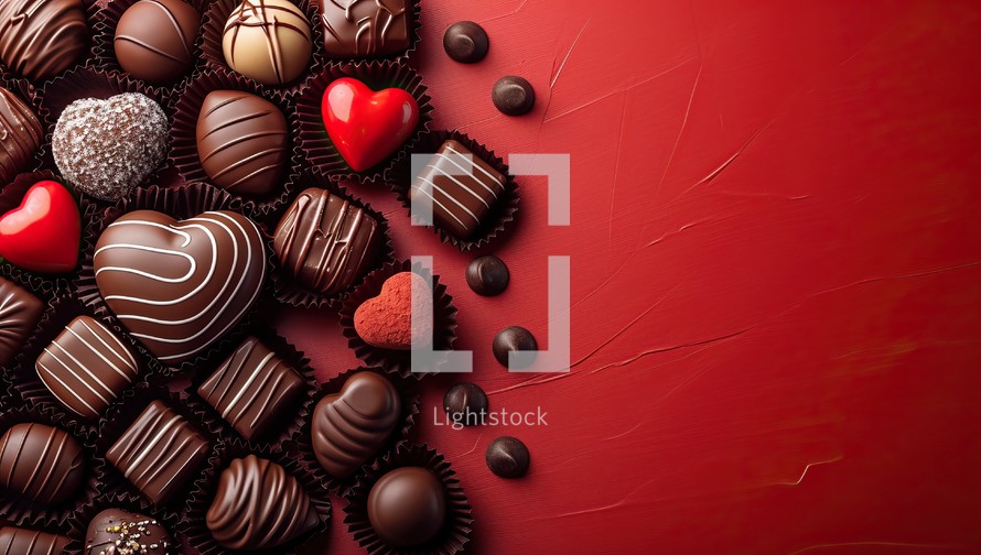 Valentine's day background with chocolate candies on red background