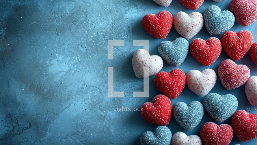 Red and white heart-shaped candies on a blue background.