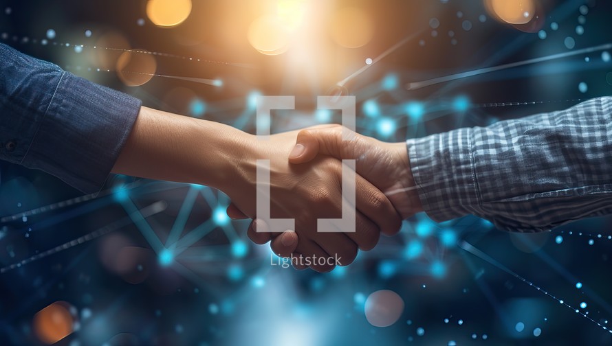 Business professionals sealing deal with handshake amidst digital network
