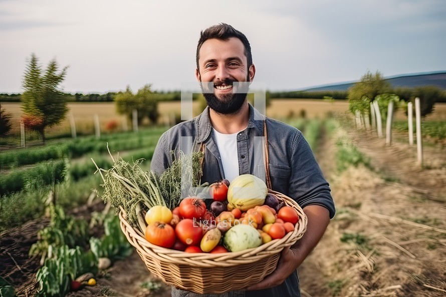 Portrait of a smiling farmer holding a basket full of freshly harvested vegetables