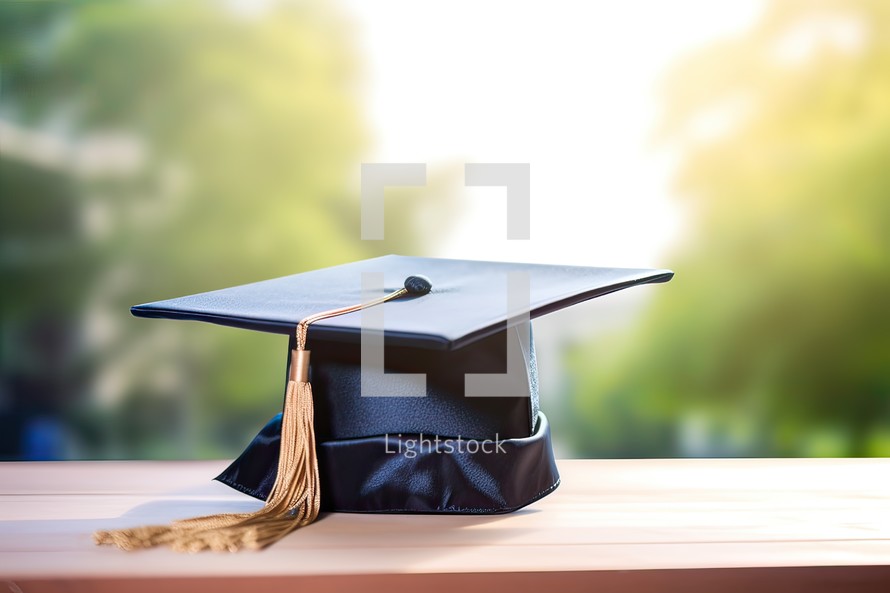 Graduation cap and mortarboard on wooden table with blur nature background