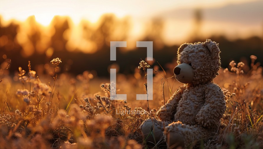 Teddy bear sitting on the grass in the field at sunset.