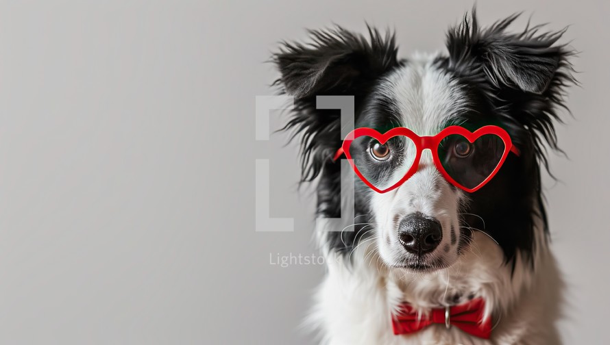 Funny portrait of puppy dog border collie wearing red heart shaped glasses isolated on grey background. Love and valentines day concept