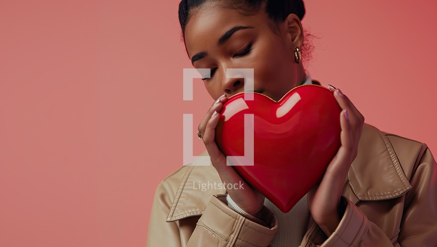 african american woman in beige coat holding red heart isolated on pink