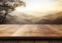 Empty wooden deck table top over misty landscape background, product display montage