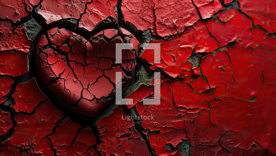 Grunge background. Red heart on a cracked red background.