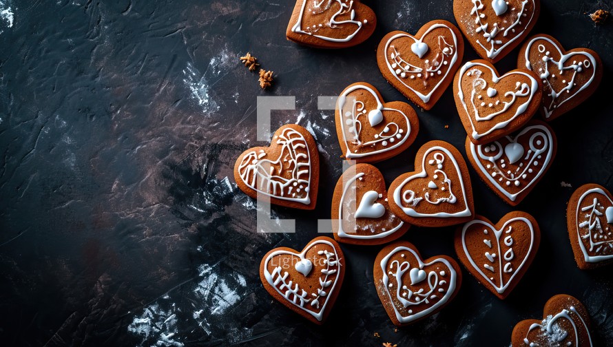 Gingerbread cookies in the form of hearts on a dark background