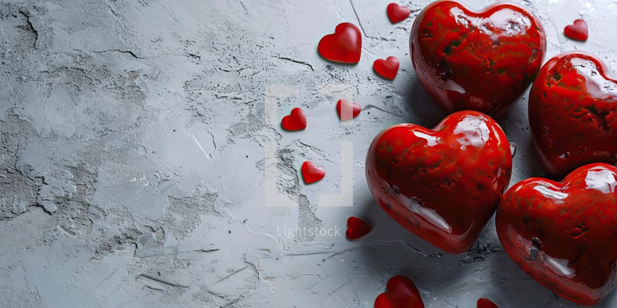 Valentines day background. Red hearts on concrete background. Copy space.