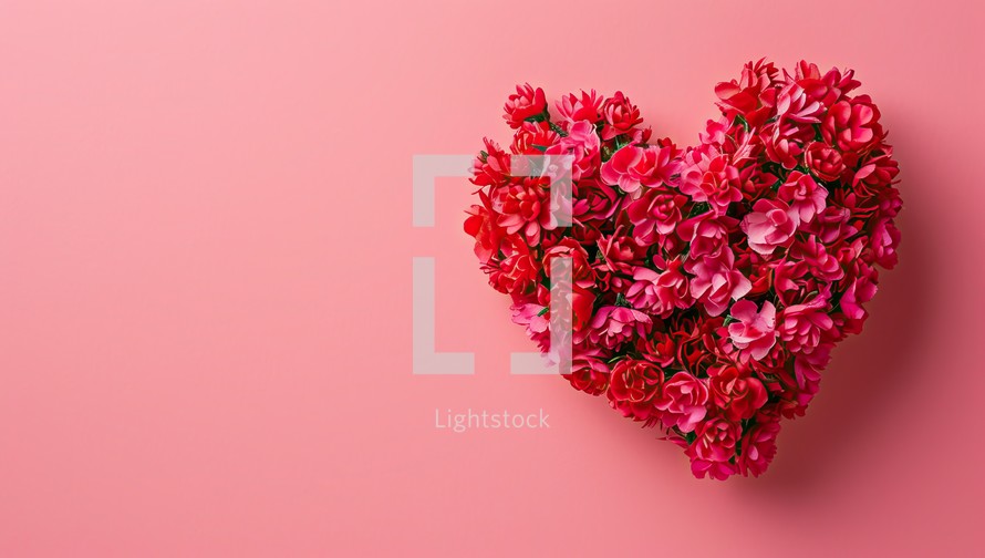 Heart made of red flowers on pink background. Valentines day concept