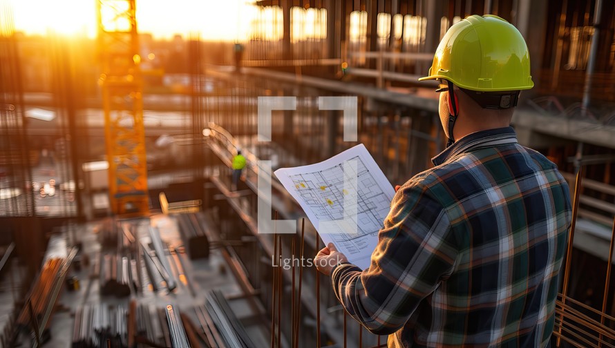 Engineer or architect with blueprint at construction site. Engineering and architecture concept.