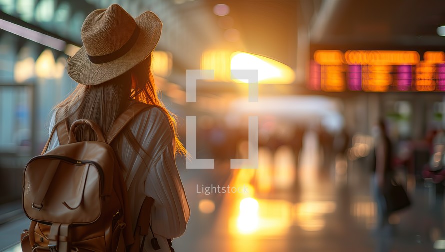 Young woman traveler with backpack and hat at the airport. Travel concept.