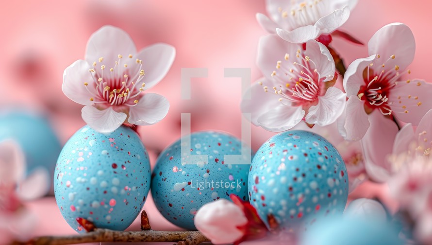 Blue Easter eggs with cherry blossom on pink background