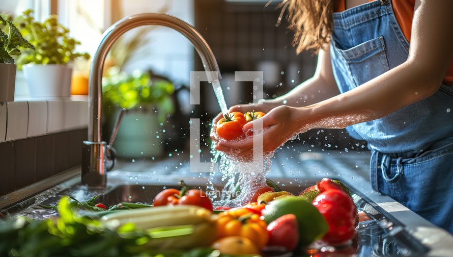 Young woman washing vegetables in kitchen sink. Healthy eating, vegetarian and dieting concept