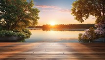Wooden deck and lake at sunset. Nature background.