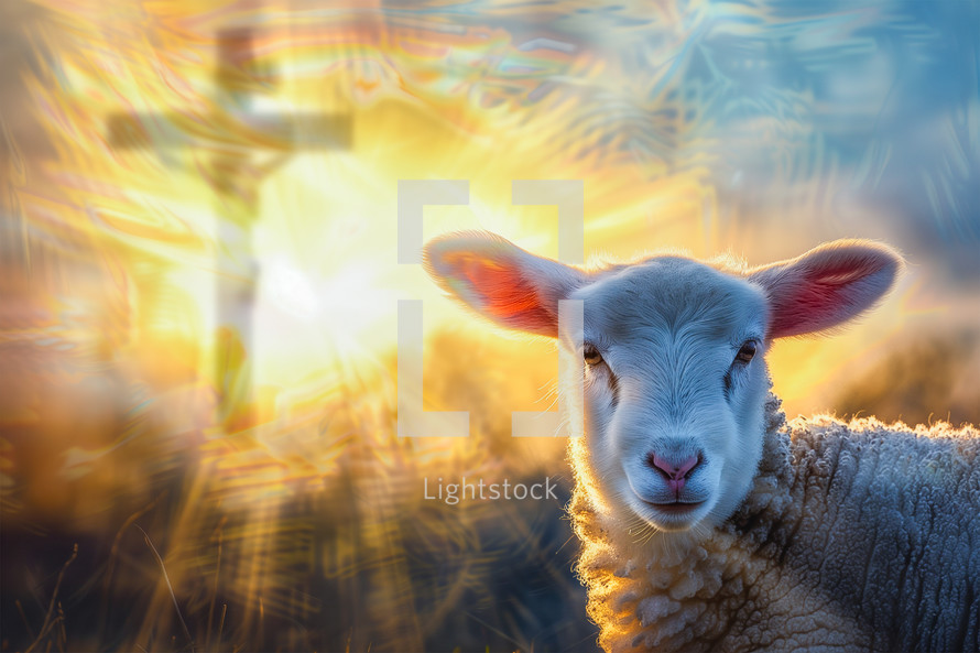 A lamb standing before the cross on Easter morning at sunrise