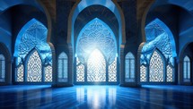  Sunlight illuminates a serene blue mosque interior through intricate windows