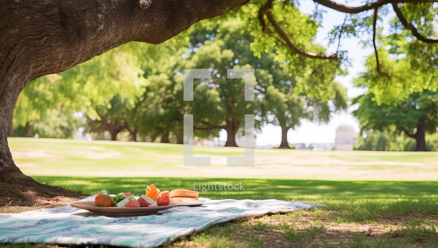 Picnic in the park with fruits on a plaid and a large tree