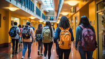 Group of students with backpacks walking in corridor of school or university