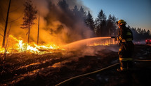 Firefighter extinguishing a fire in the forest at night.