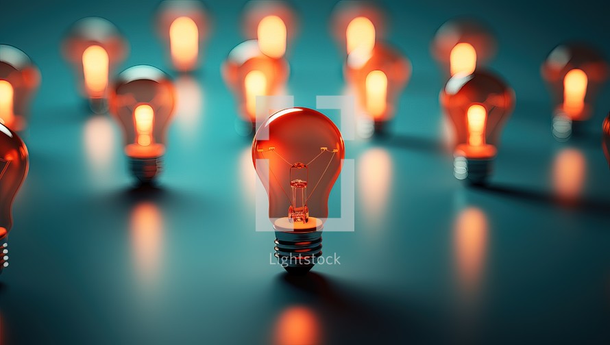 Group of illuminated red light bulbs on dark background. Concept of idea.